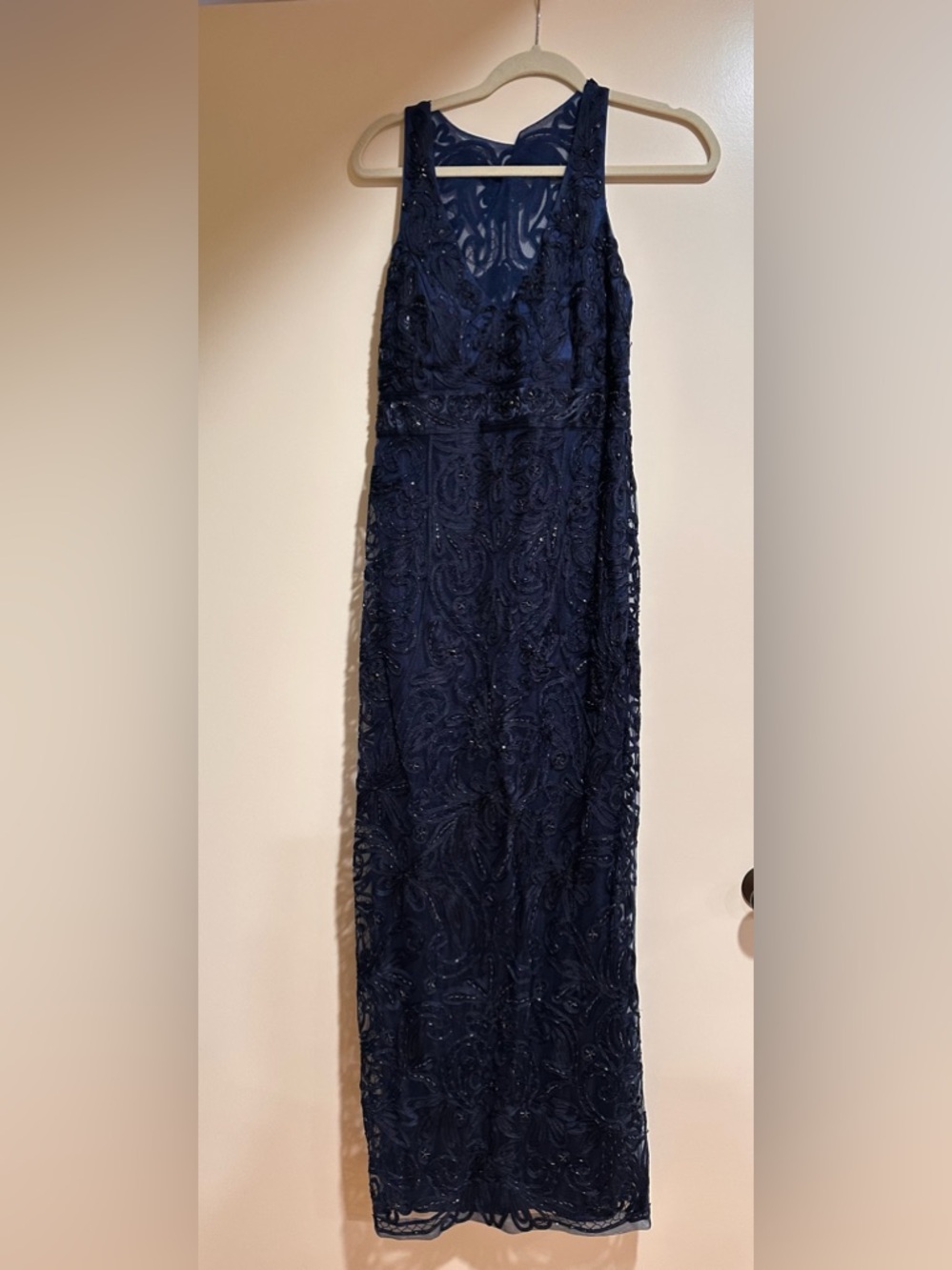 Sue Wong Navy Beaded Embroidered Maxi Dress Size 12 Formal Evening Gown